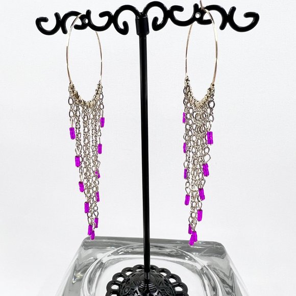 NWT - Haskell - Large Gold Tone Hoop Pink Beaded Chain Dangle Earrings - Picture 3 of 8